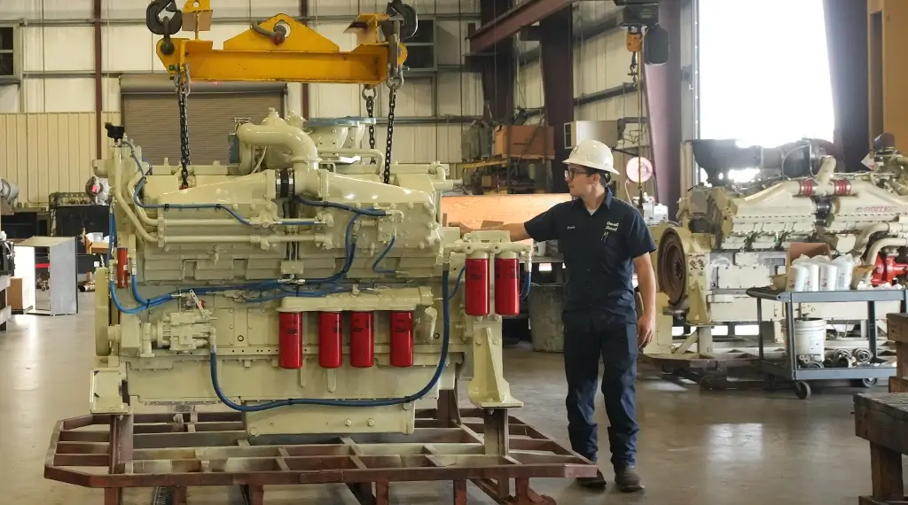 Devall Diesel employees working on diesel engines and generators in a warehouse